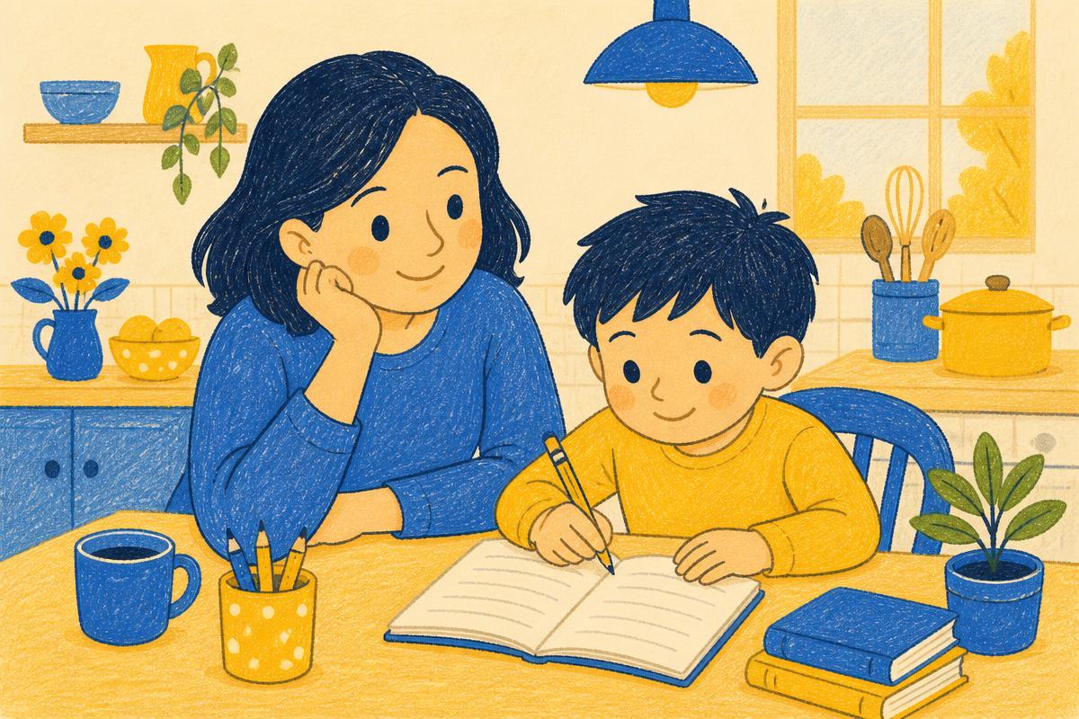 A smiling mother sitting beside her child doing homework at the kitchen table