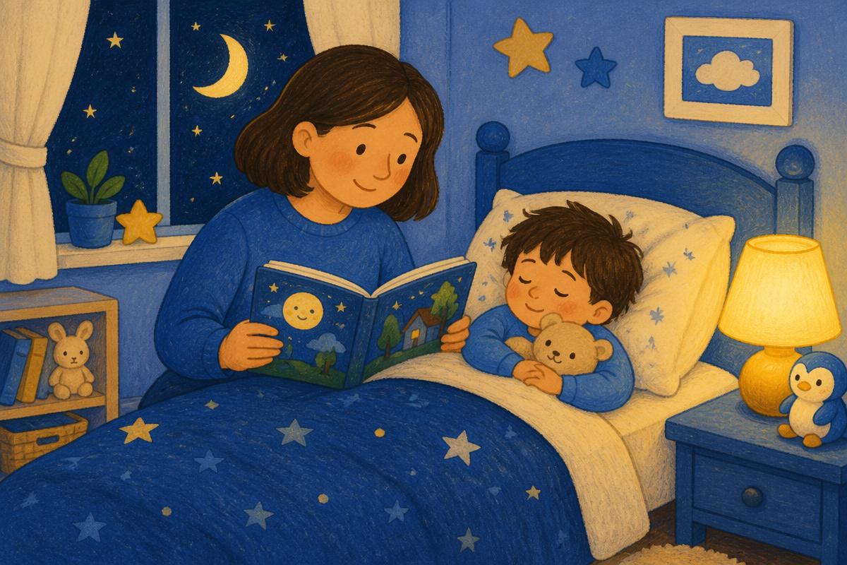A parent reading a bedtime story to a sleepy child tucked into bed