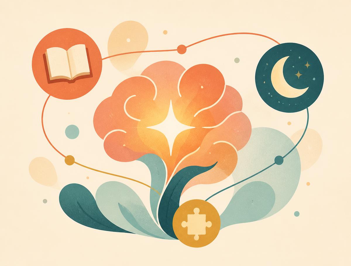 Illustration of the BrainSpark idea — learning, rest and play connected around one spark